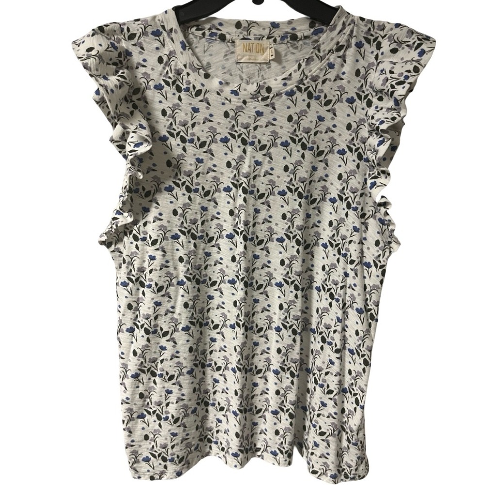Nation LTD XL Pima Cotton Ruffle Sleeve Floral Print Top White Blue Purple